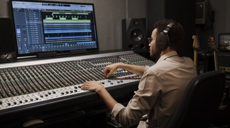 Ingénieur du son avec casque, travaillant sur une console de mixage dans un studio d’enregistrement.