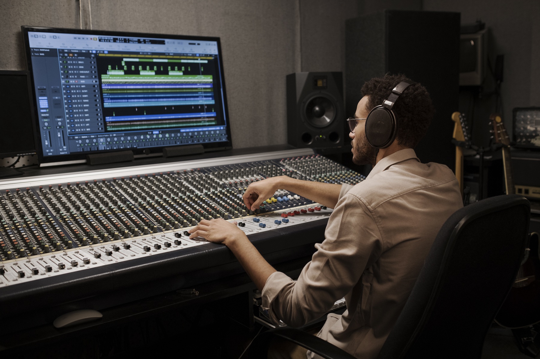 Ingénieur du son avec casque, travaillant sur une console de mixage dans un studio d’enregistrement.