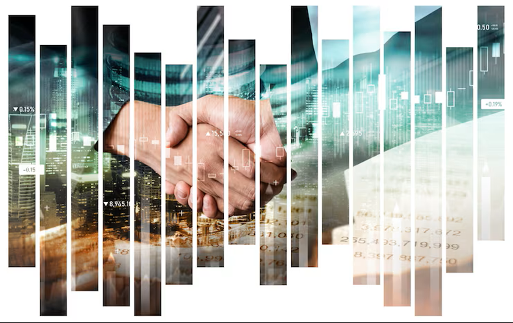Poignée de main entre deux personnes superposée à des graphiques financiers et une skyline urbaine, symbolisant une opération de fusion-acquisition et la croissance stratégique des entreprises.
