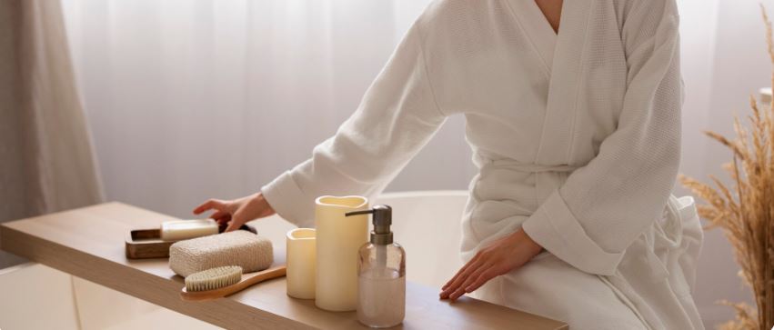 Personne portant un peignoir blanc, assise près d’une table avec des accessoires de spa
