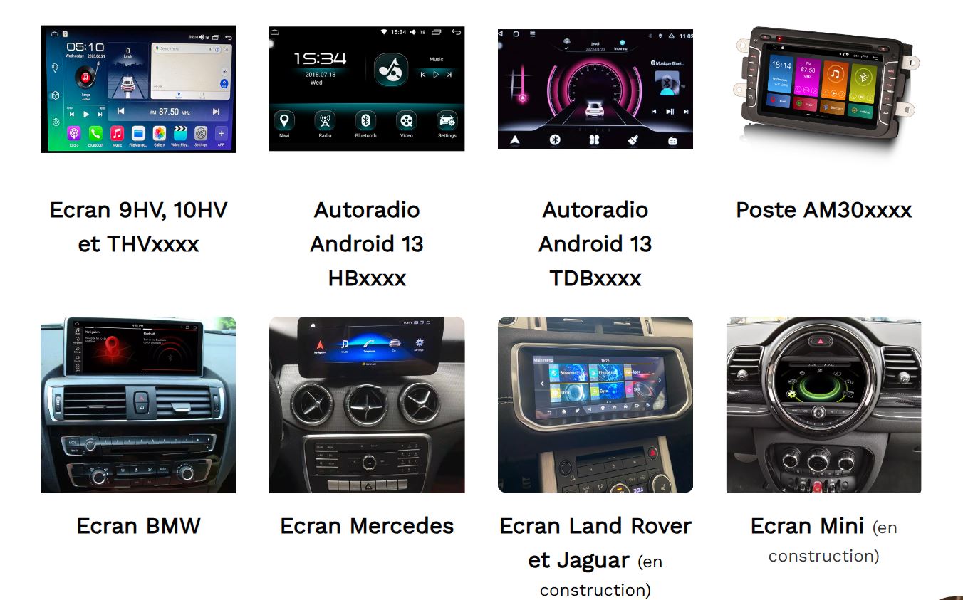 un catalogue présentant différents modèles d'écrans multimédias et autoradios Android pour des marques de voitures comme BMW, Mercedes et Land Rover.