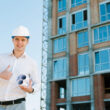 Jeune professionnel du bâtiment faisant un signe de réussite devant un immeuble en chantier.