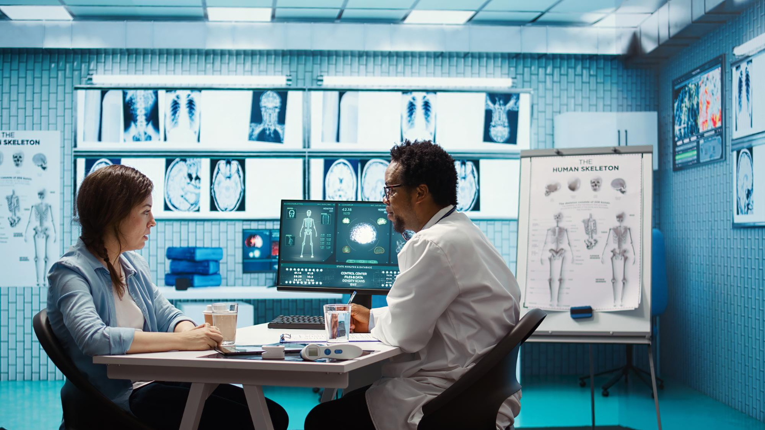 Médecin et patiente en centre de recherche biomédicale