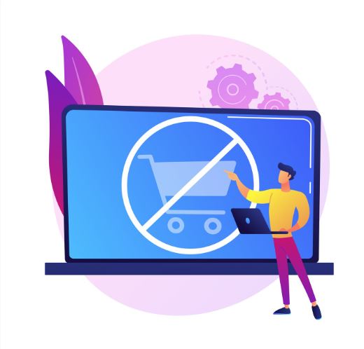 un personnage devant un écran géant affichant un panier d'achat barré d'un signe d'interdiction