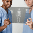 Deux professionnelles de santé en blouse médicale bleue examinent attentivement une tablette transparente futuriste affichant un scan corporel en 3D et des données d'imagerie médicale